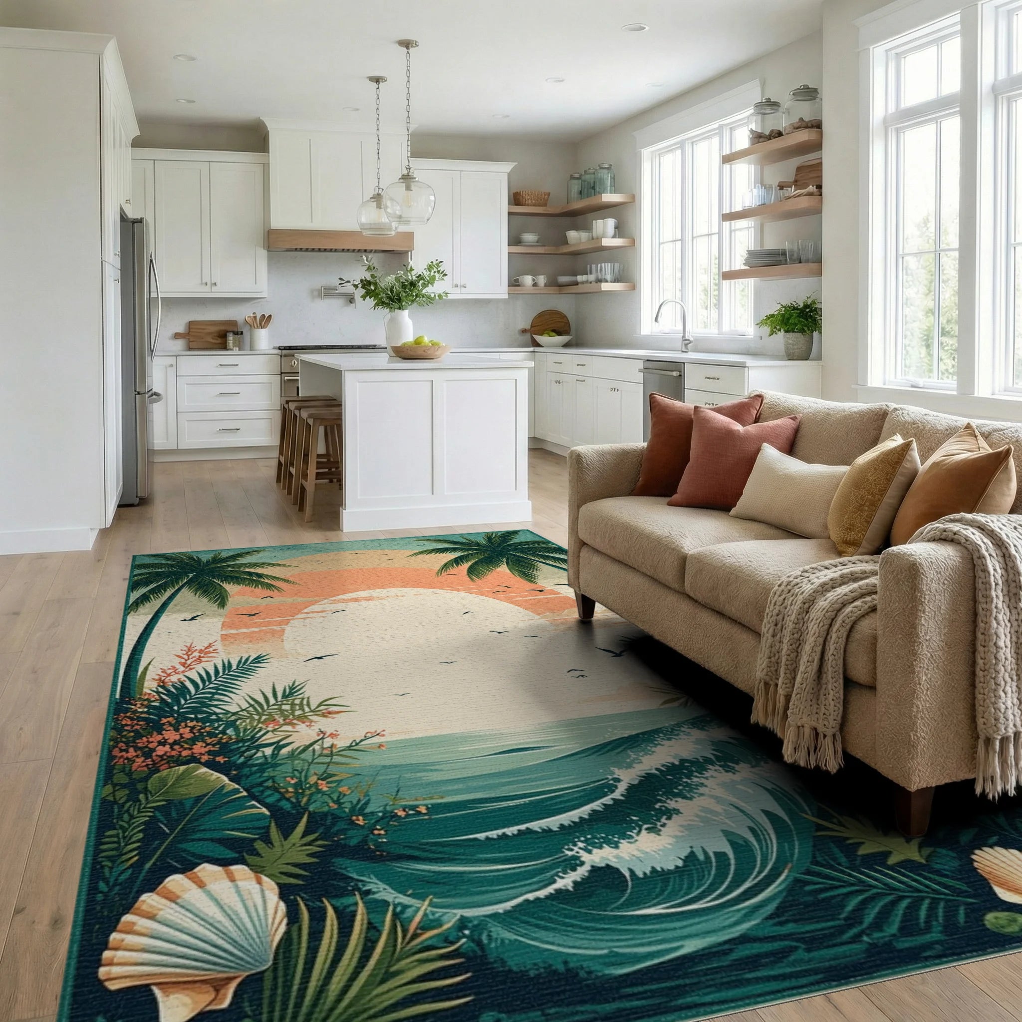 Teal Tropical Palms Sunset Waves Rug - Living Room View