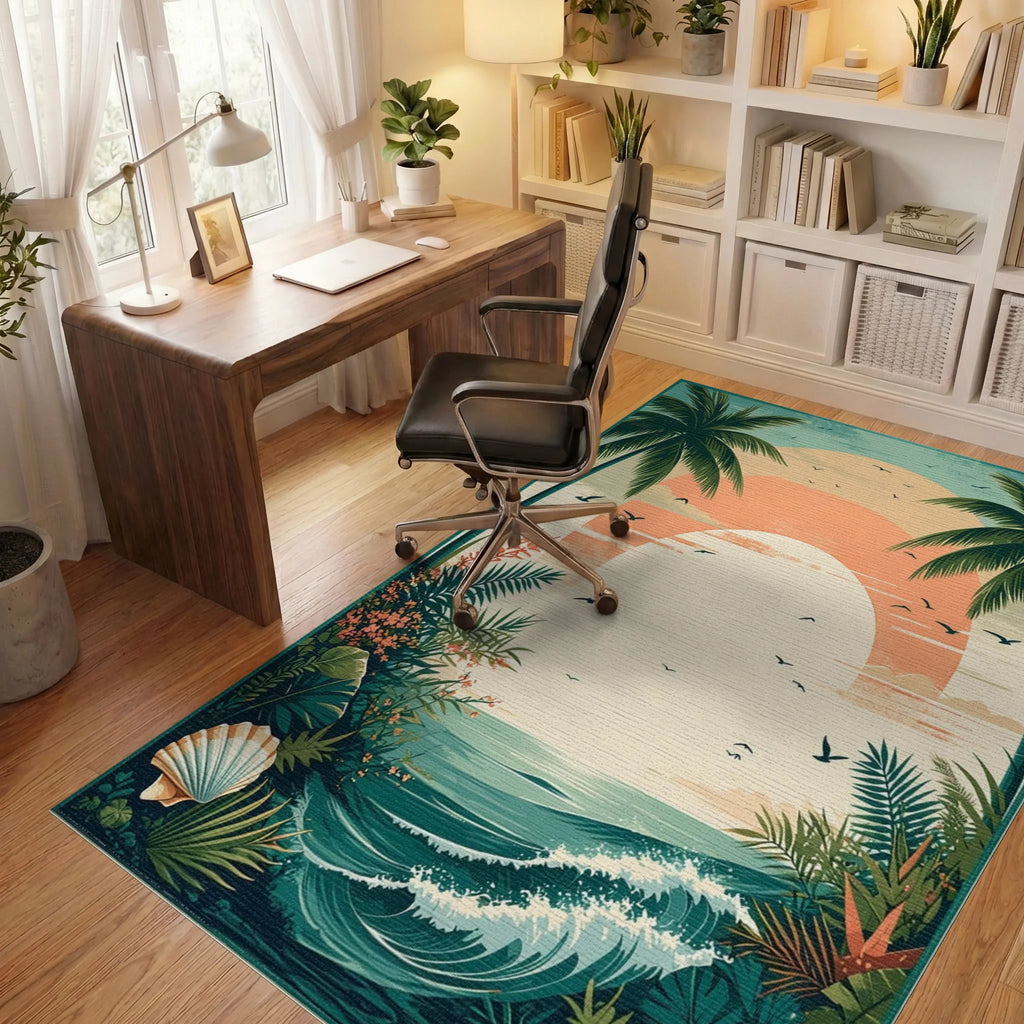 Teal Tropical Palms Sunset Waves Rug - Office View
