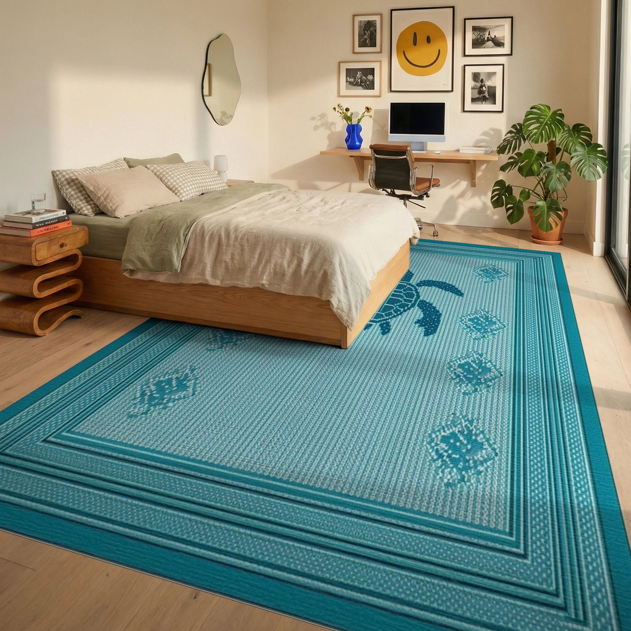 Teal Turtle Marine Diamond Border Rug - Bedroom View
