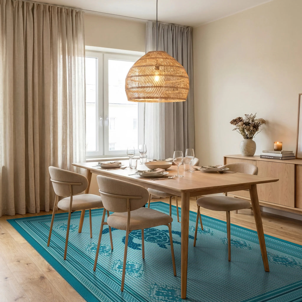 Teal Turtle Marine Diamond Border Rug - Dining Room View