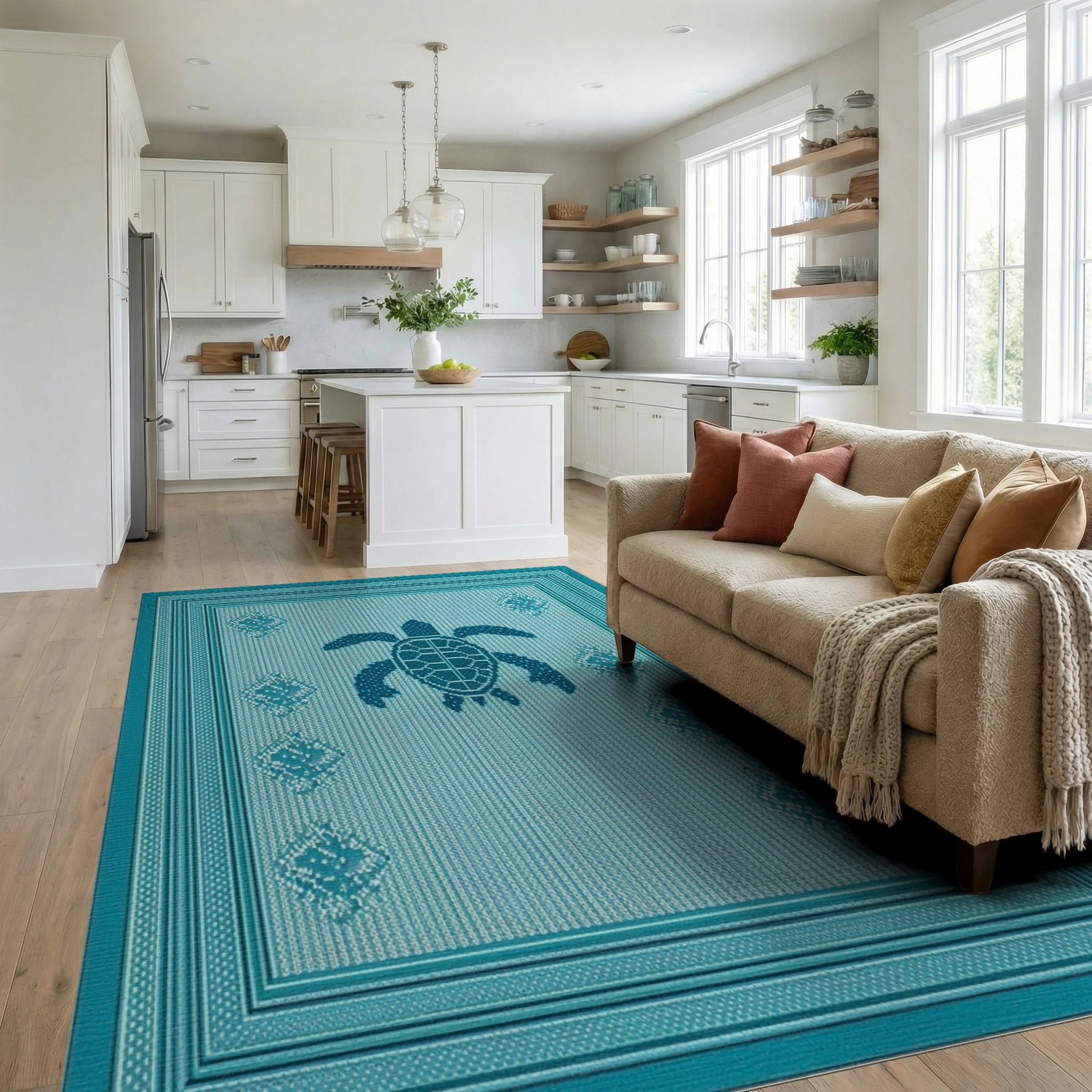 Teal Turtle Marine Diamond Border Rug - Living Room View