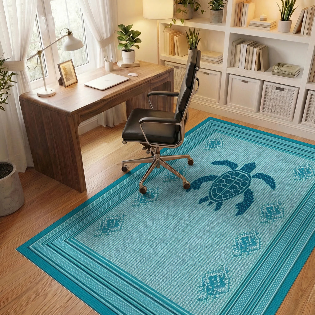 Teal Turtle Marine Diamond Border Rug - Office View