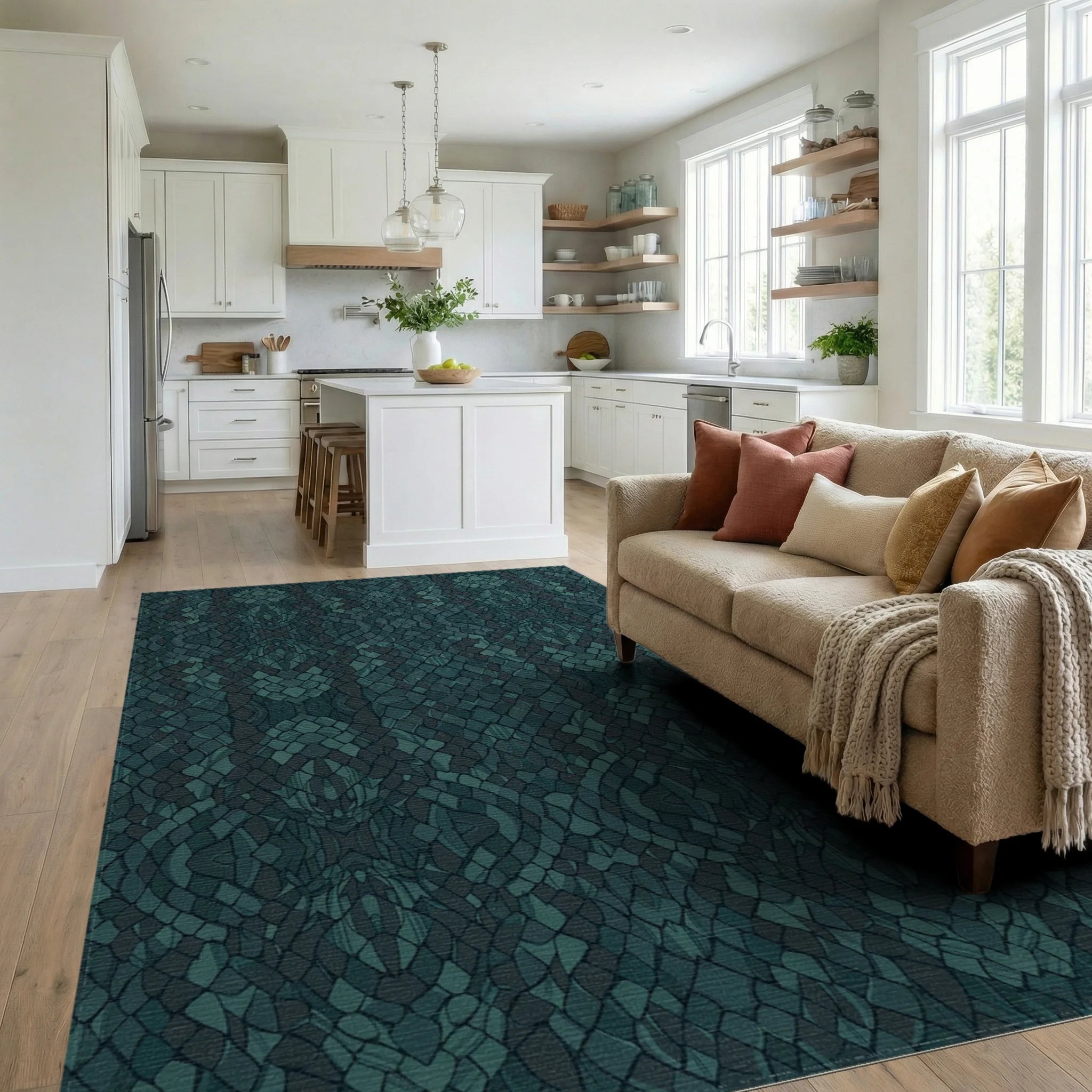 Teal Vertebrae Mosaic Texture Rug Living Room View