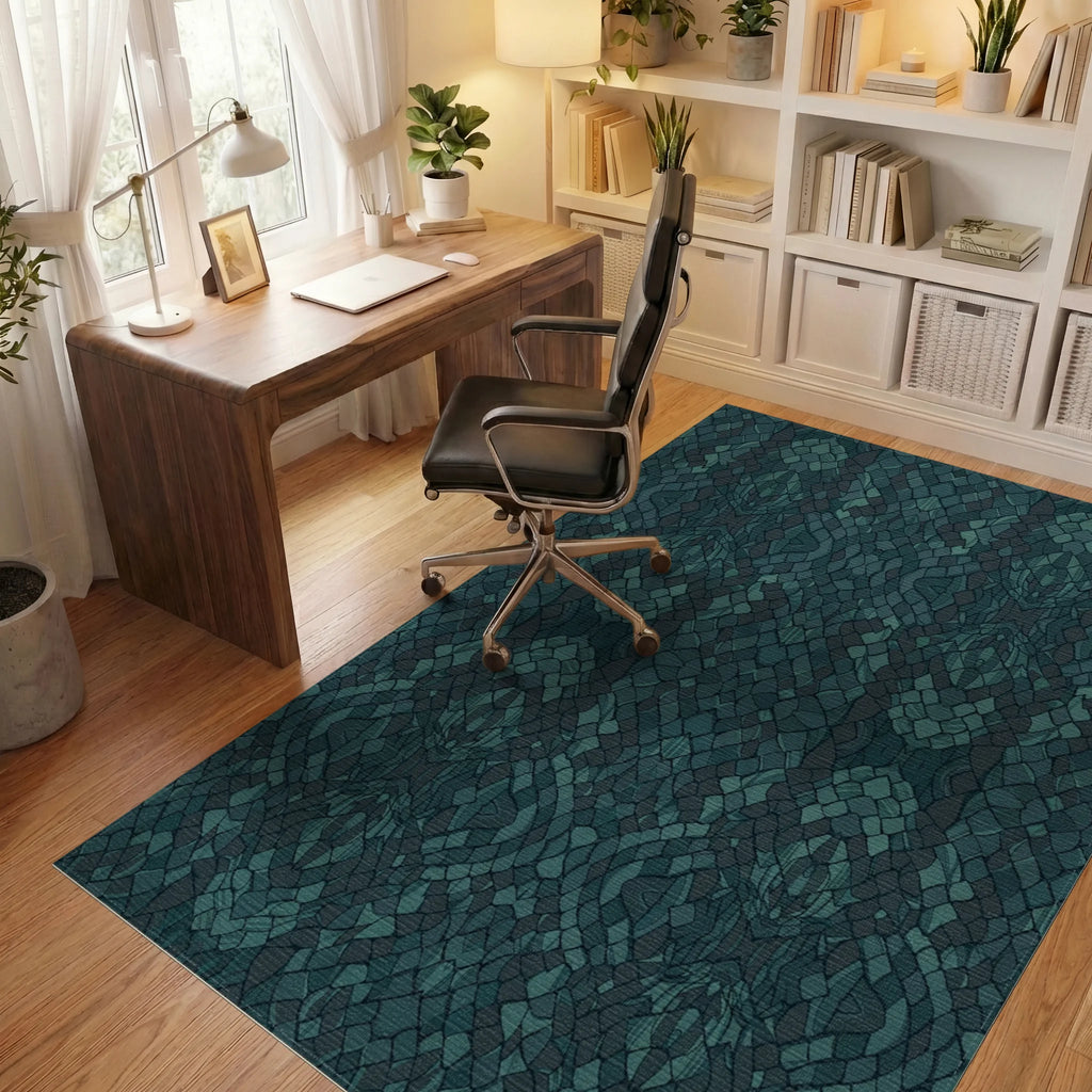 Teal Vertebrae Mosaic Texture Rug Office View