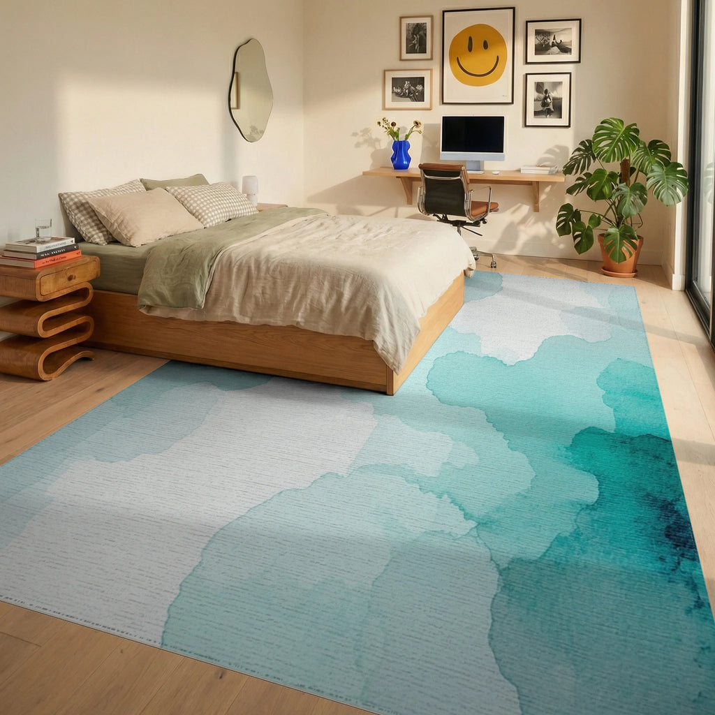Teal Watercolor Fluid Organic Rug Bedroom View