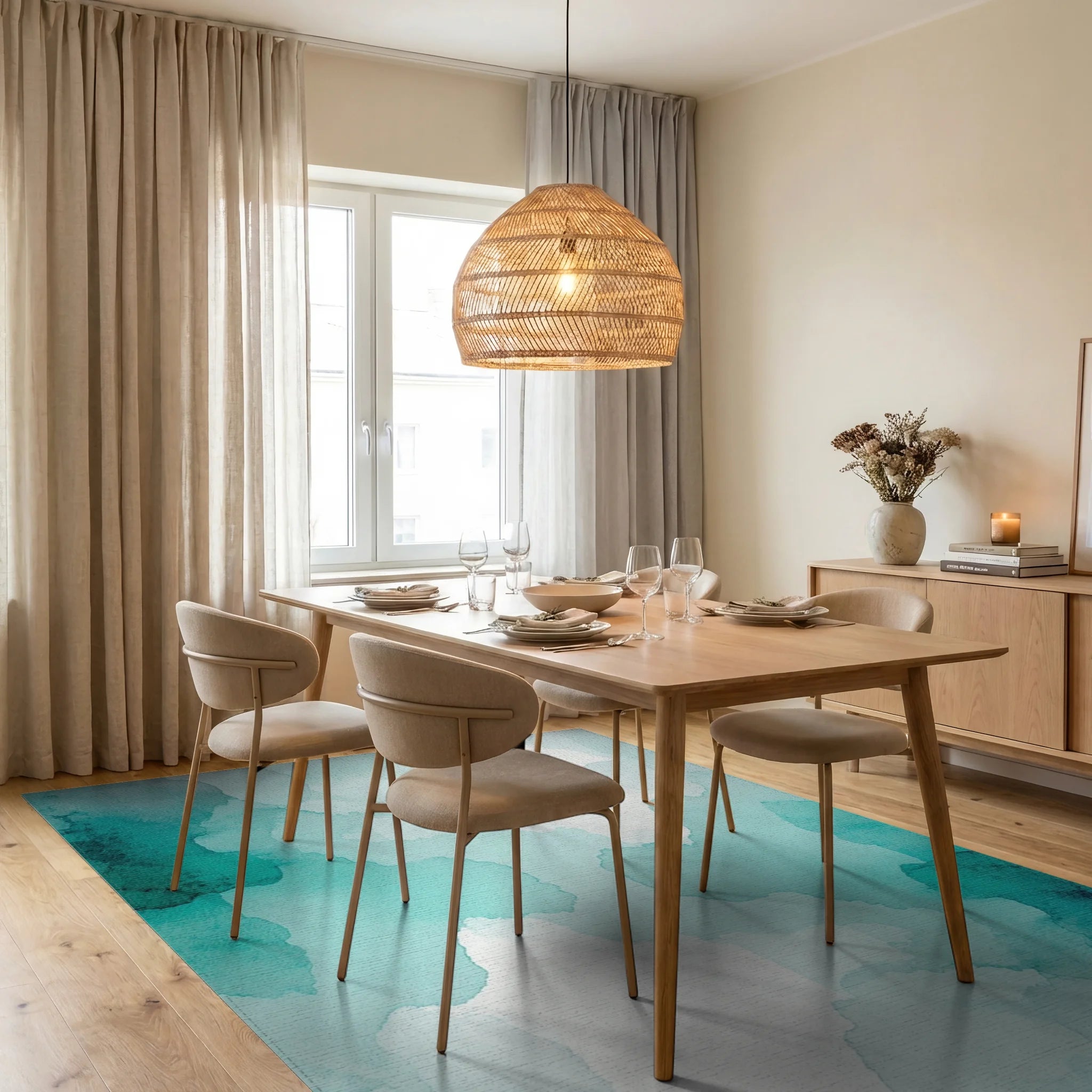 Teal Watercolor Fluid Organic Rug Dining Room View