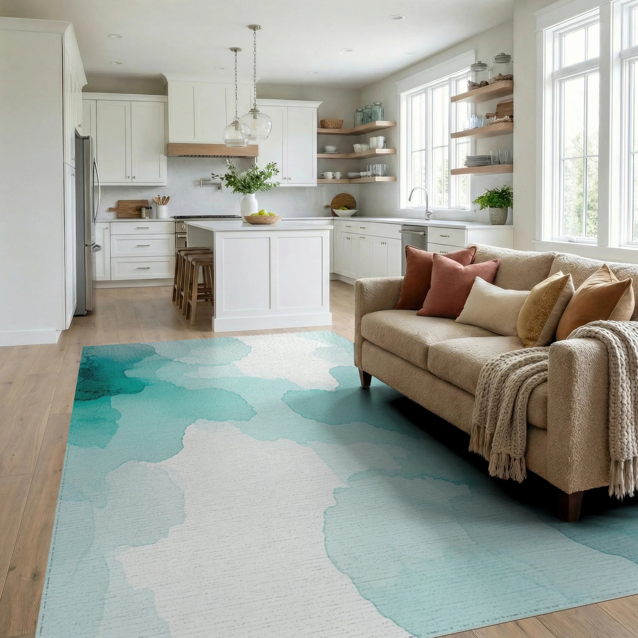 Teal Watercolor Fluid Organic Rug Living Room View