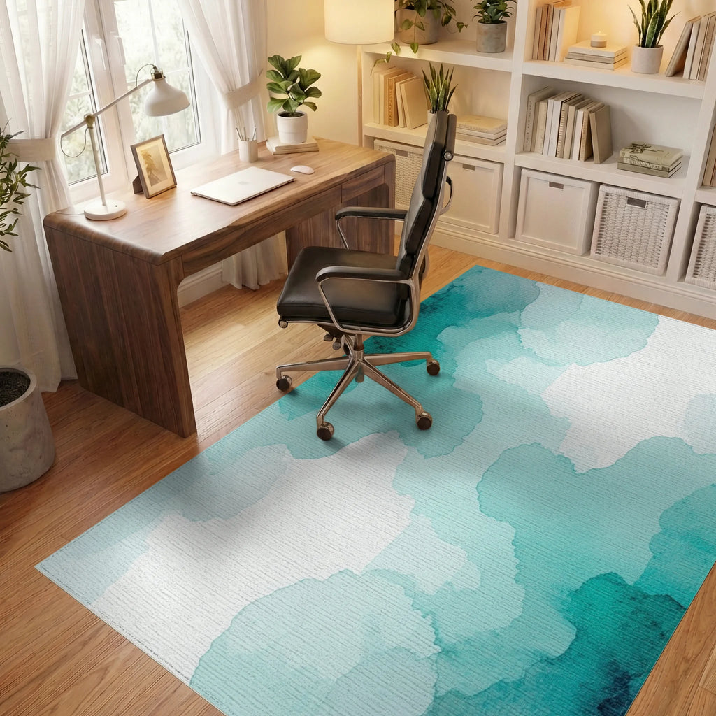 Teal Watercolor Fluid Organic Rug Office View
