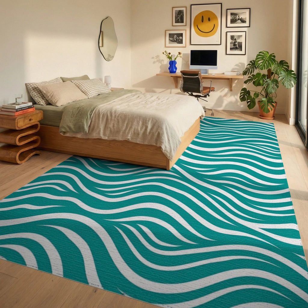 Teal Wave Pattern Rug Bedroom View