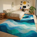 Teal Waves Full Moon Peaks Rug Bedroom View