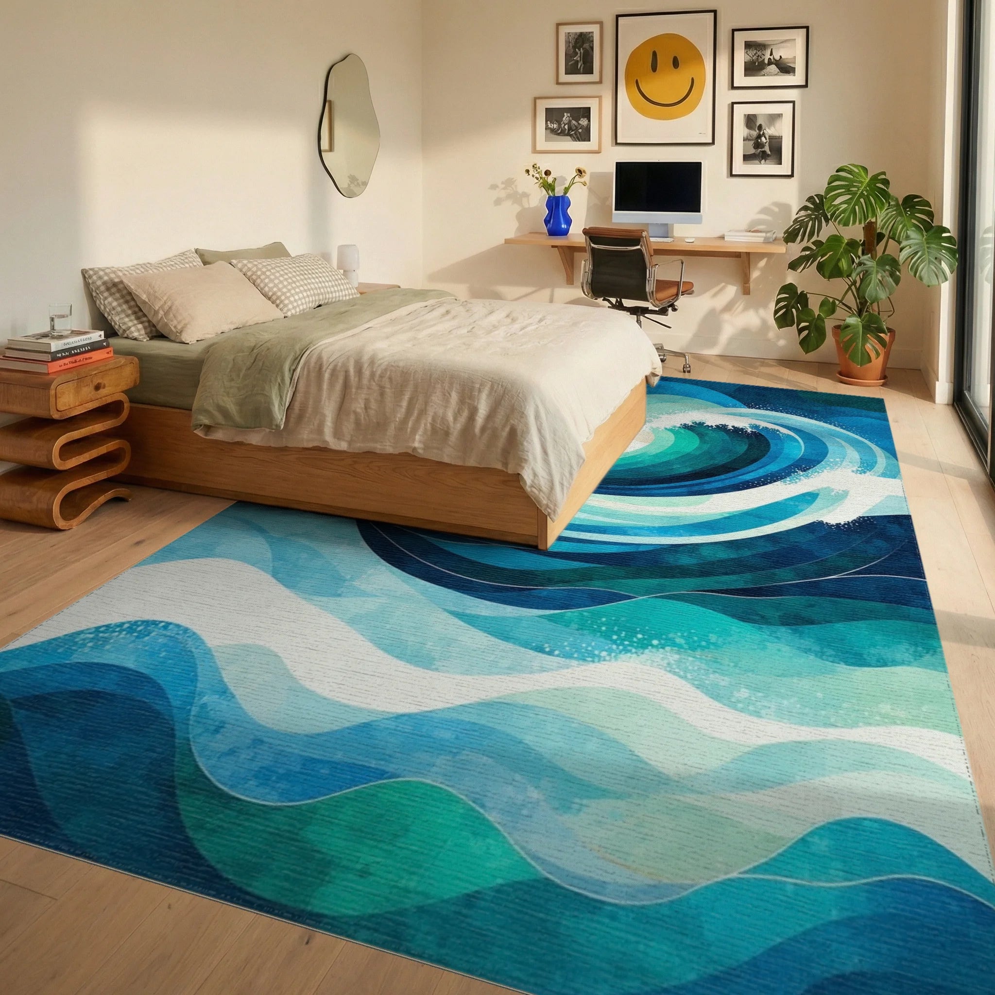Teal Waves Full Moon Peaks Rug Bedroom View