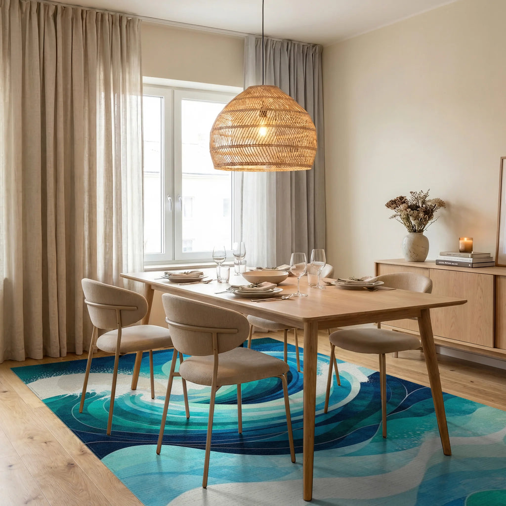 Teal Waves Full Moon Peaks Rug Dining Room View