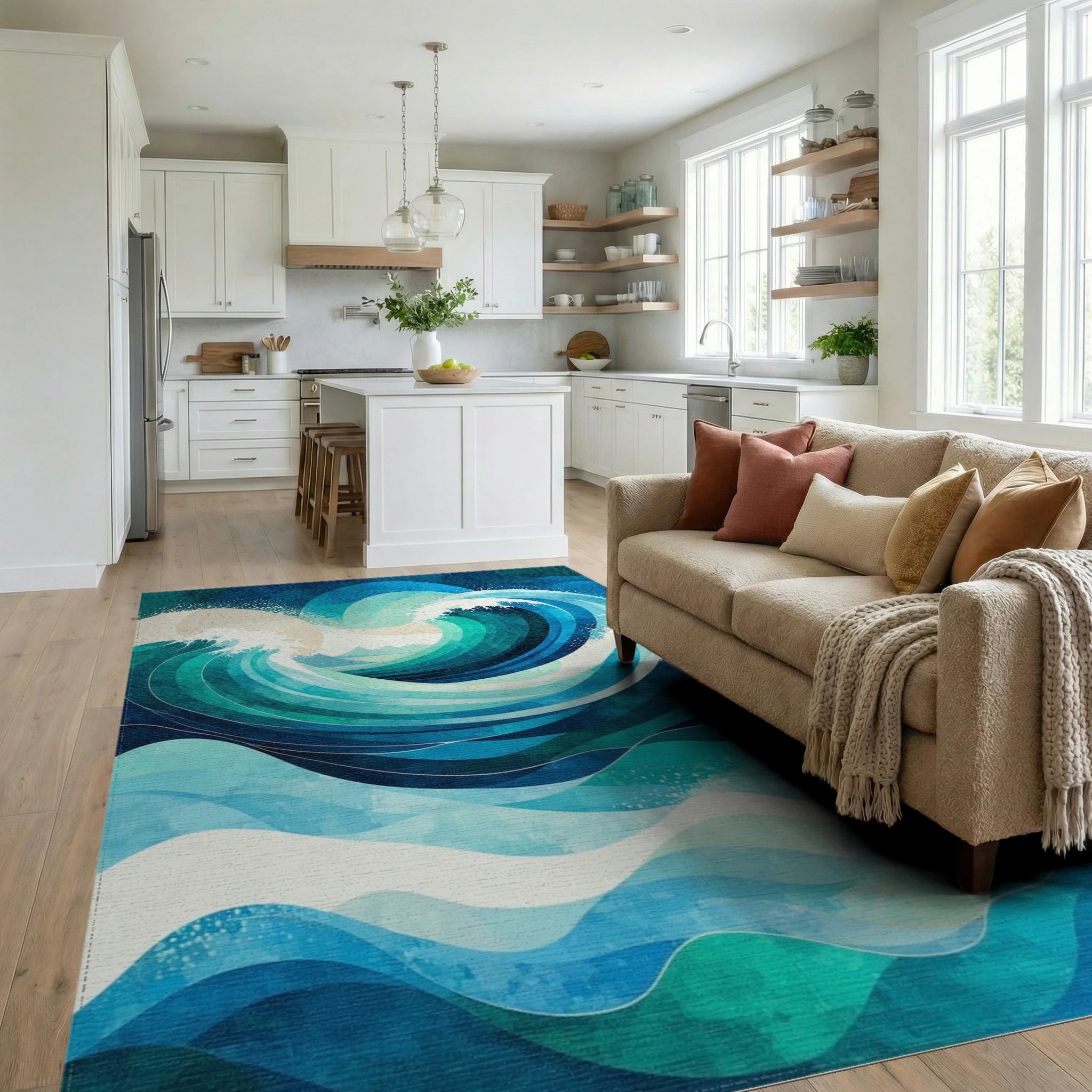 Teal Waves Full Moon Peaks Rug Living Room View