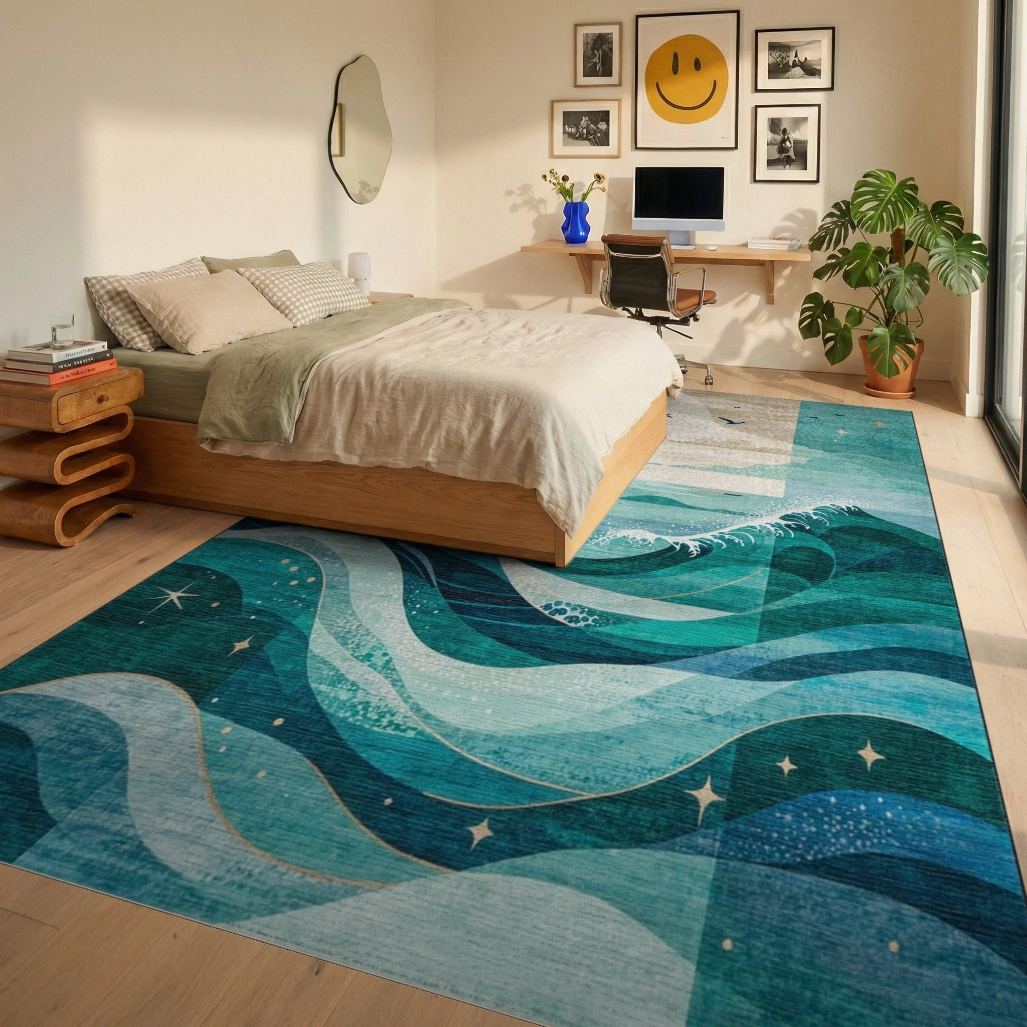 Teal Waves Starry Seascape Rug Bedroom View