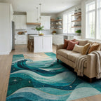 Teal Waves Starry Seascape Rug Living Room View