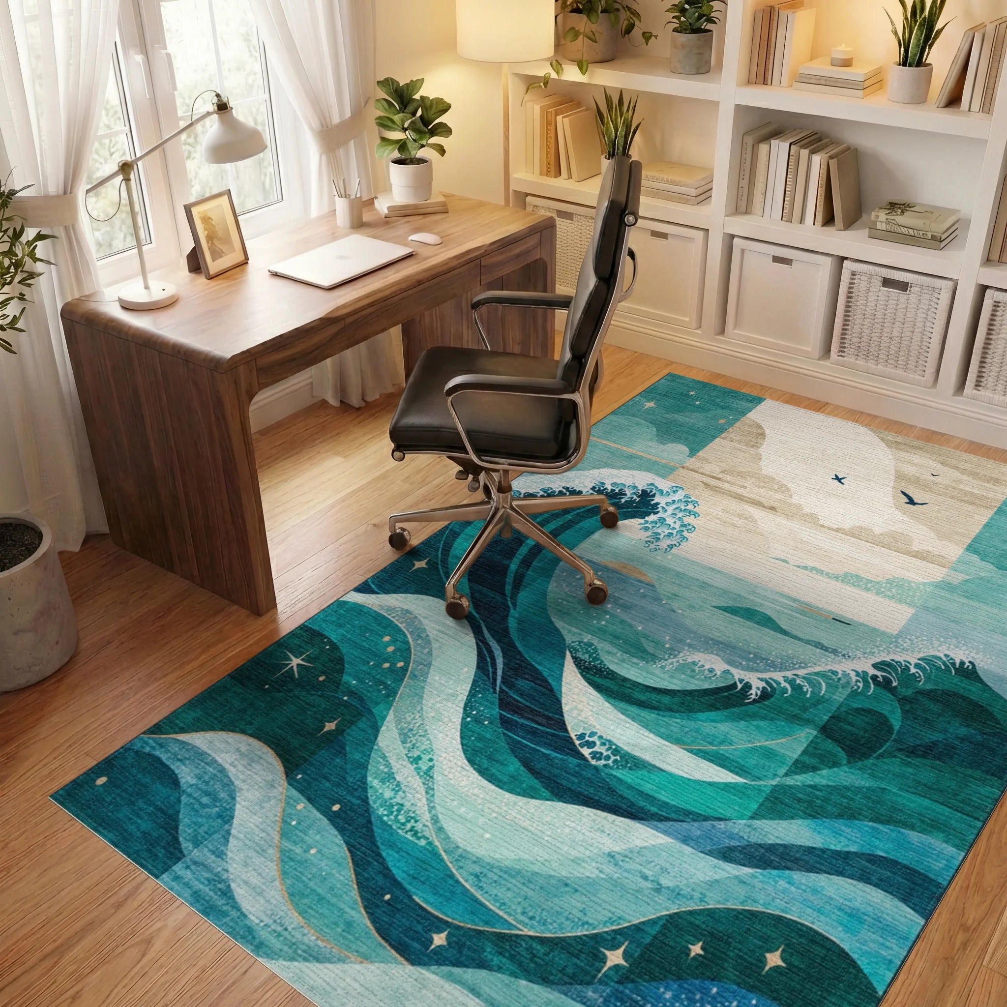 Teal Waves Starry Seascape Rug Office View