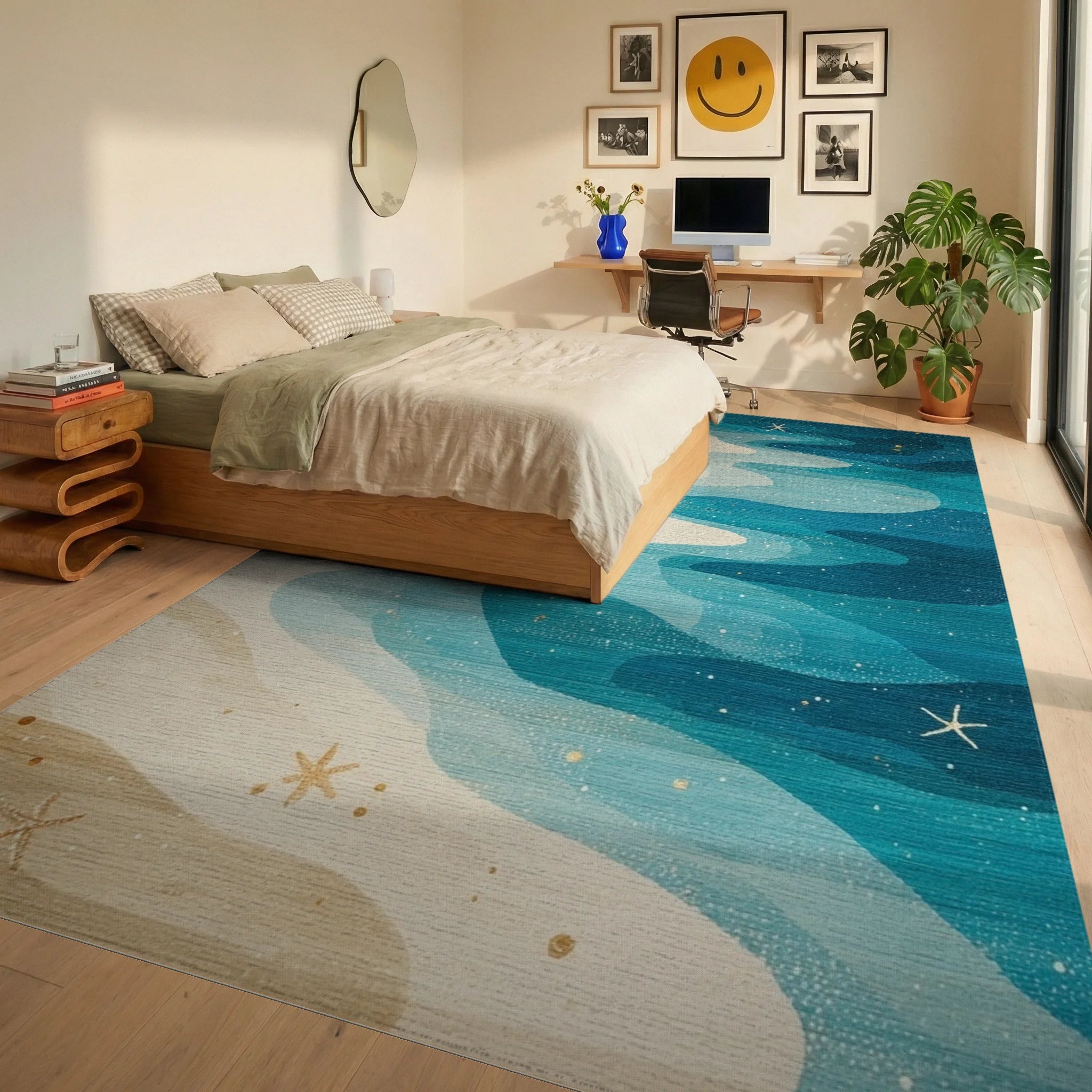 Teal Wavy Sandy Gold Stars Rug - Bedroom View