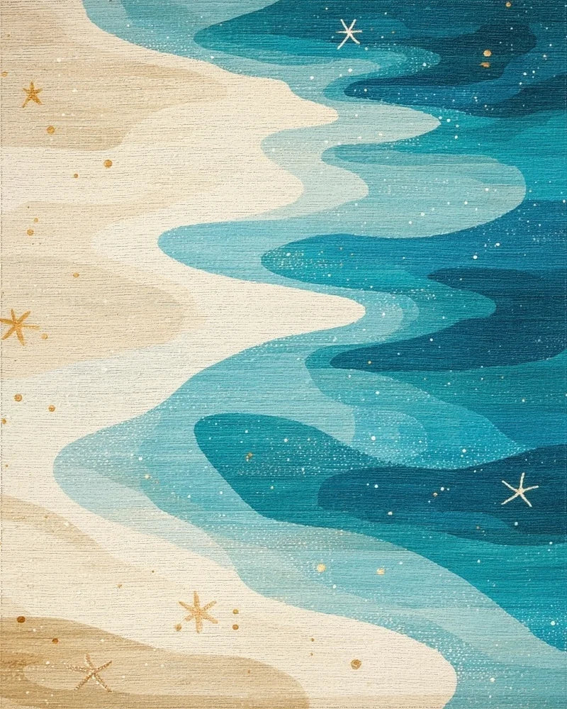 Teal Wavy Sandy Gold Stars Rug - Cutout View