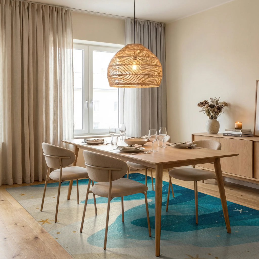 Teal Wavy Sandy Gold Stars Rug - Dining Room View