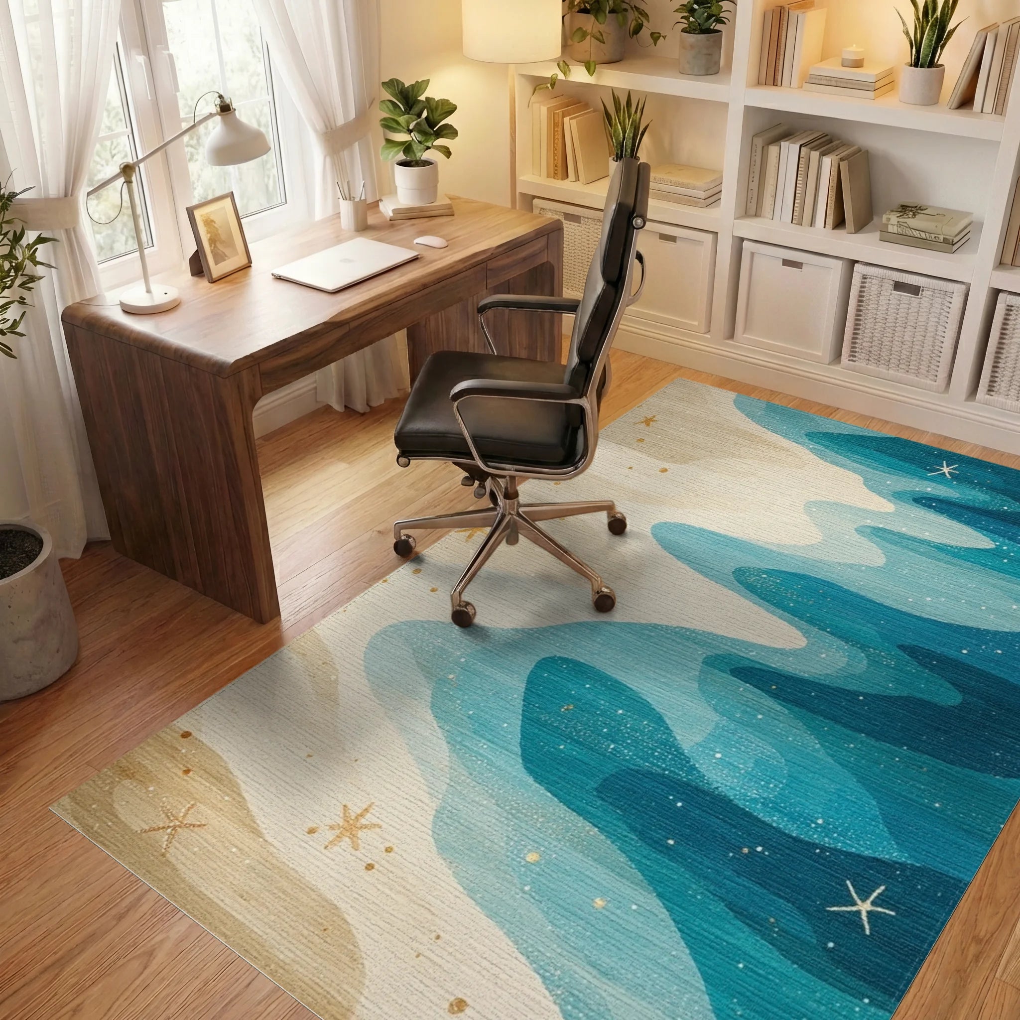 Teal Wavy Sandy Gold Stars Rug - Office View