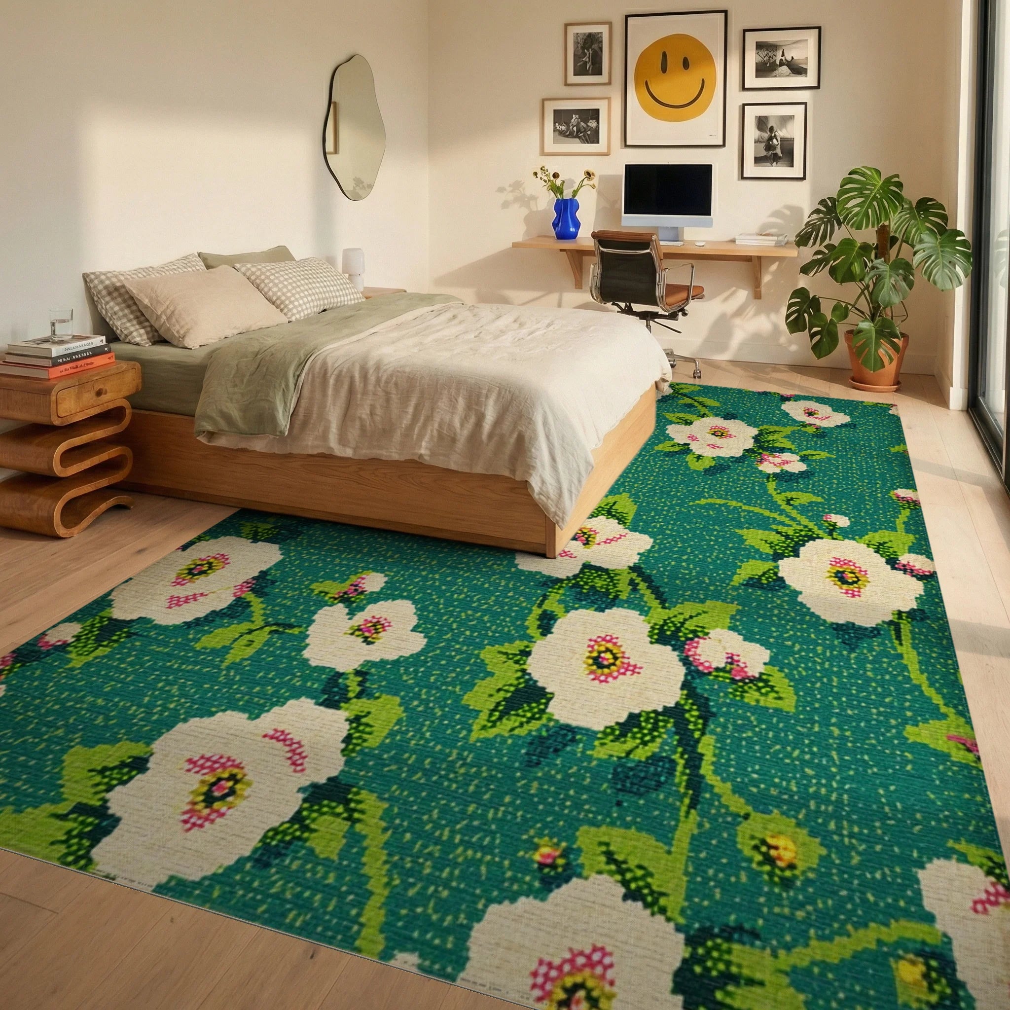 Teal White Floral Botanical Medallion Rug - Bedroom View