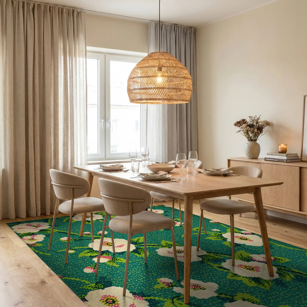 Teal White Floral Botanical Medallion Rug - Dining Room View