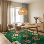 Teal White Floral Botanical Medallion Rug - Dining Room View