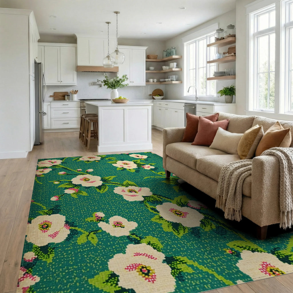Teal White Floral Botanical Medallion Rug - Living Room View