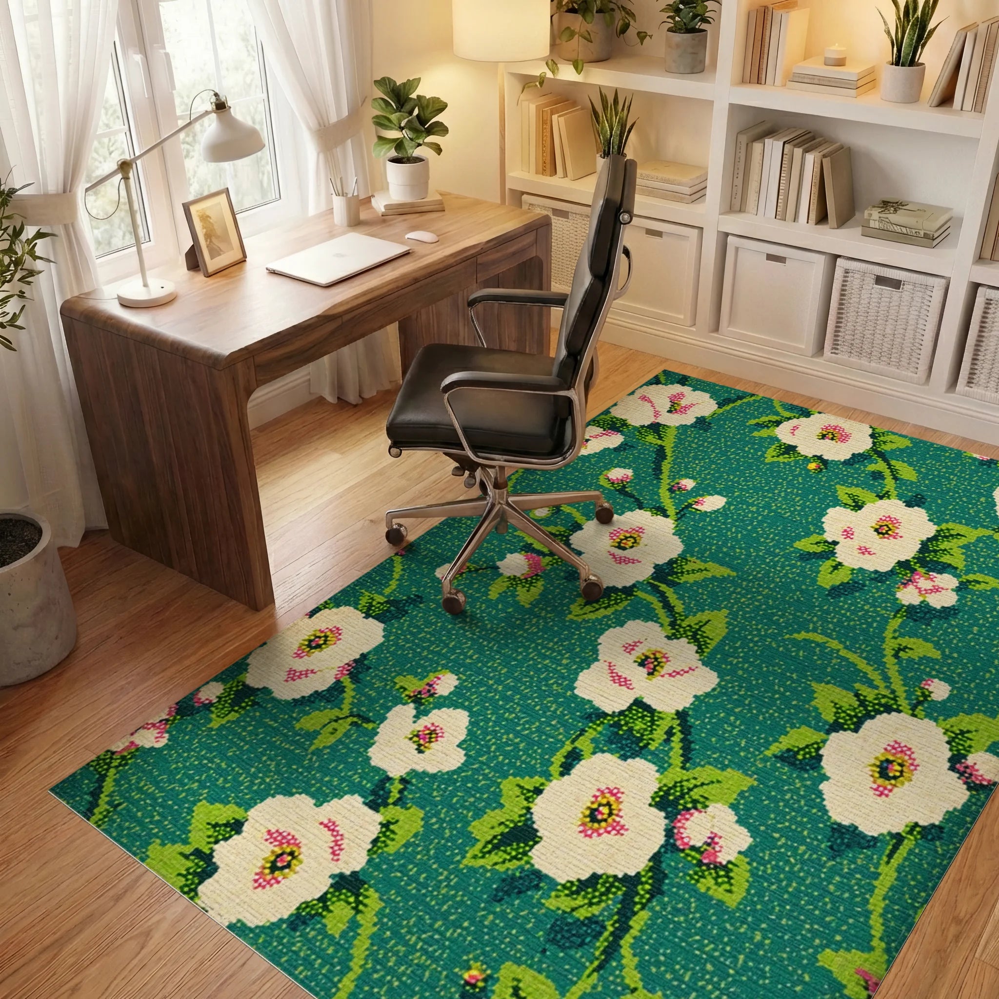 Teal White Floral Botanical Medallion Rug - Office View
