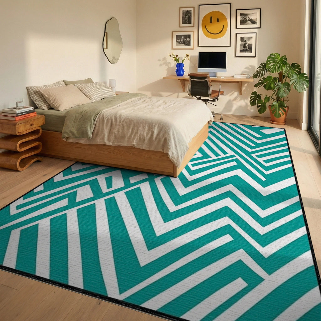 Teal White Geometric Maze Rug Bedroom View