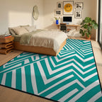 Teal White Geometric Maze Rug Bedroom View