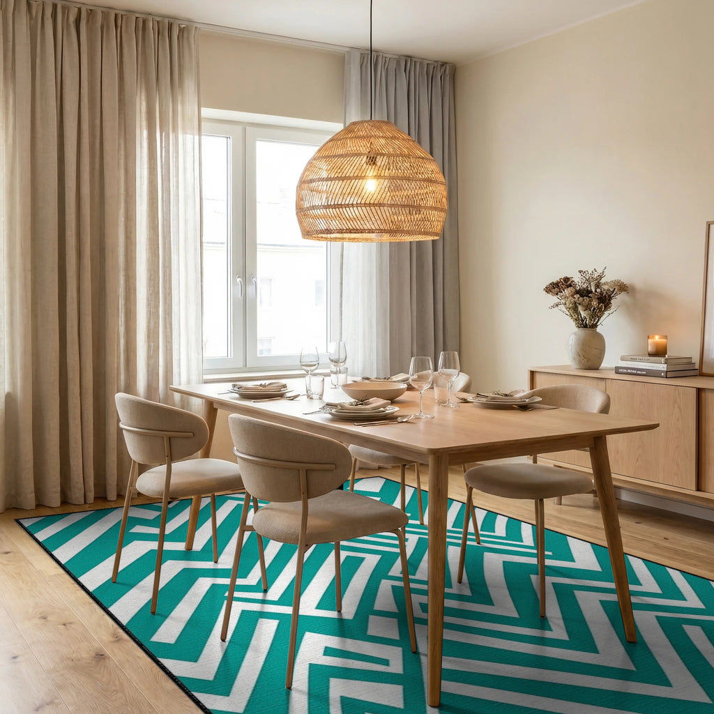 Teal White Geometric Maze Rug Dining Room View