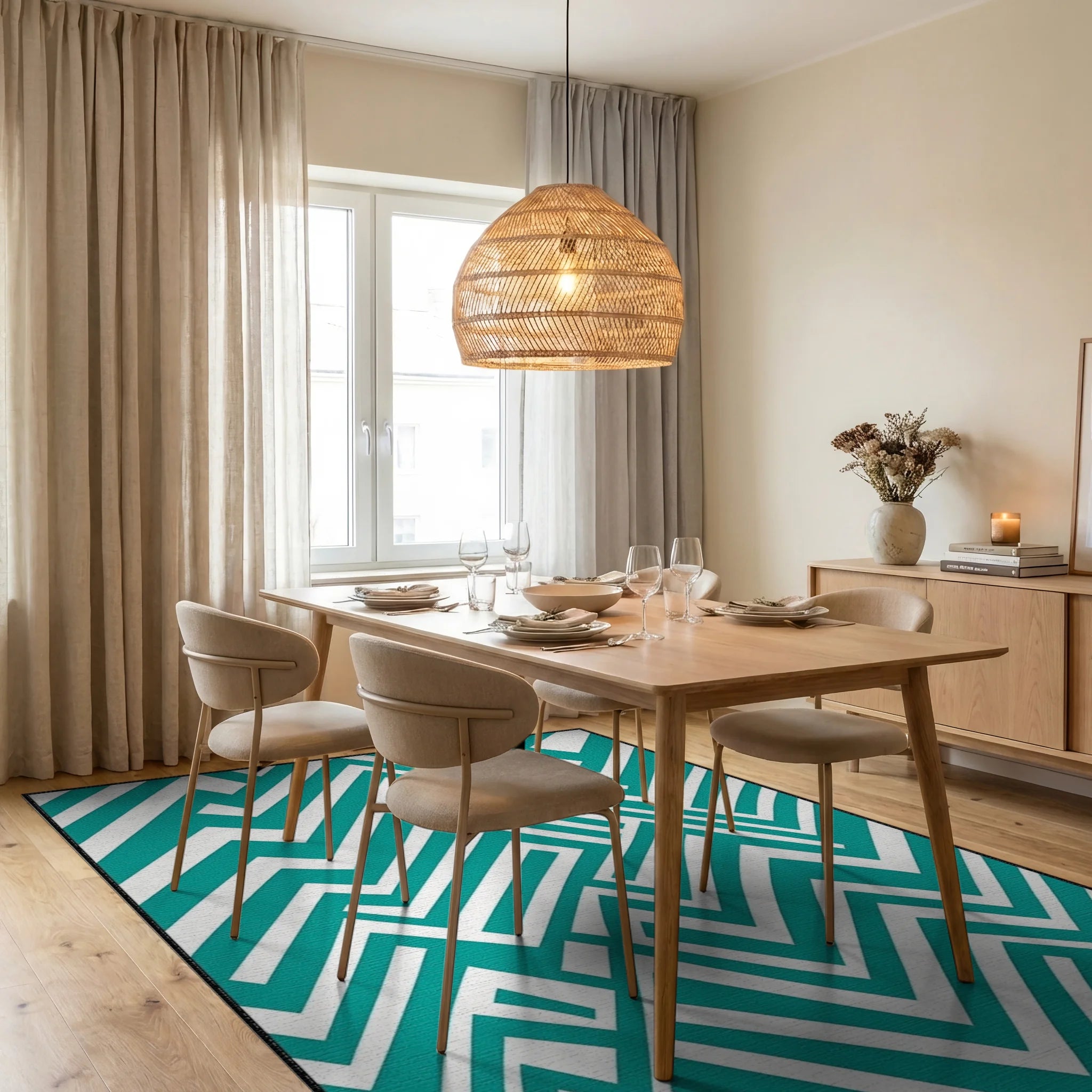Teal White Geometric Maze Rug Dining Room View