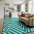Teal White Geometric Maze Rug Living Room View