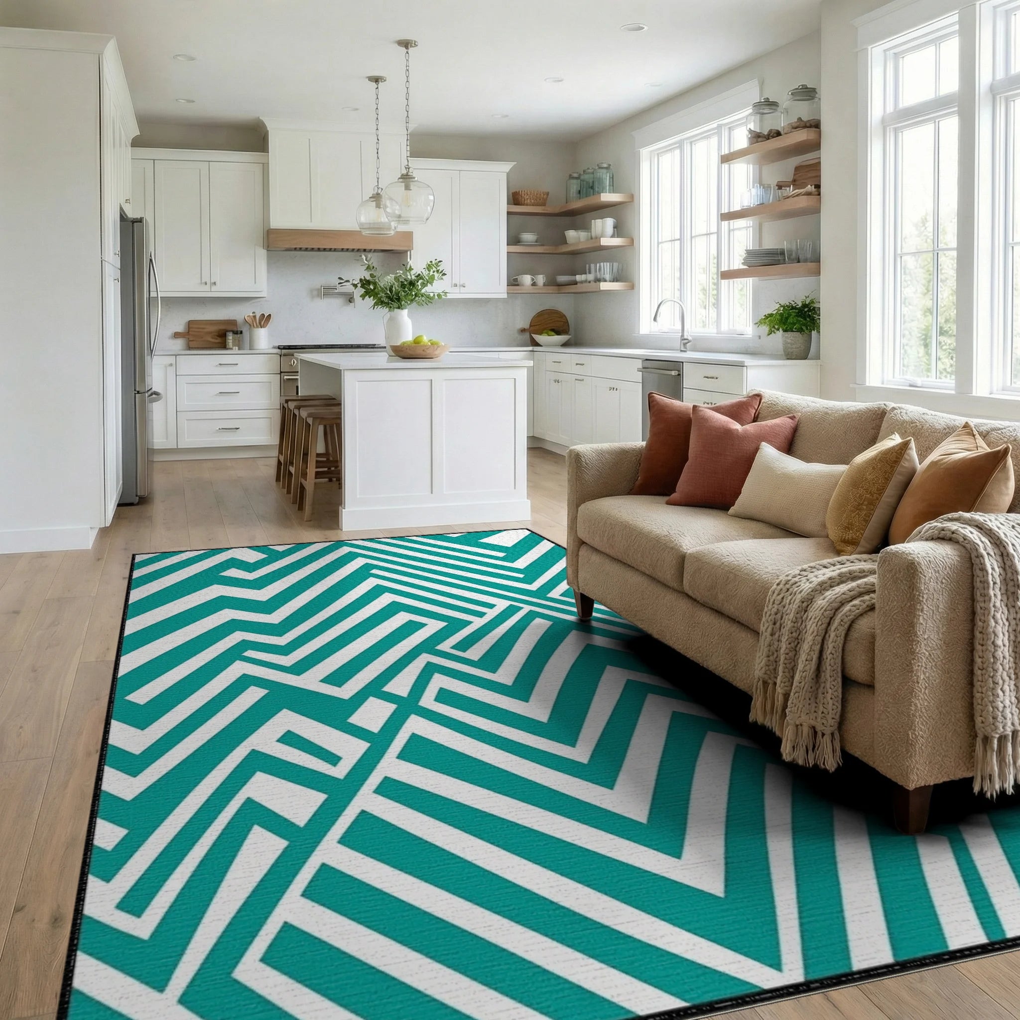 Teal White Geometric Maze Rug Living Room View