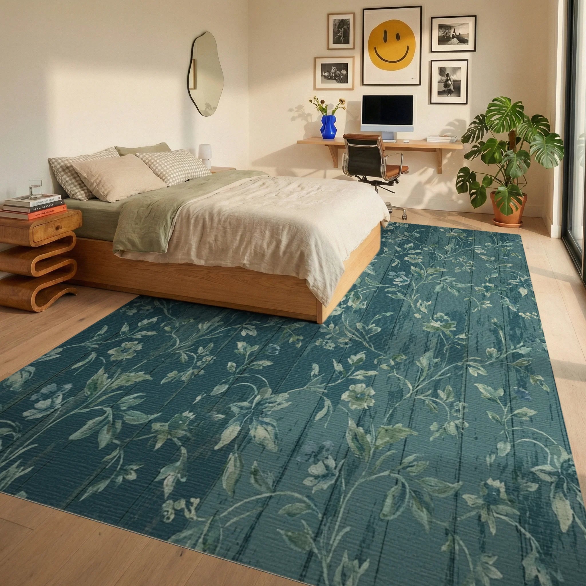 Teal Wood Floral Vine Botanical Rug Bedroom View