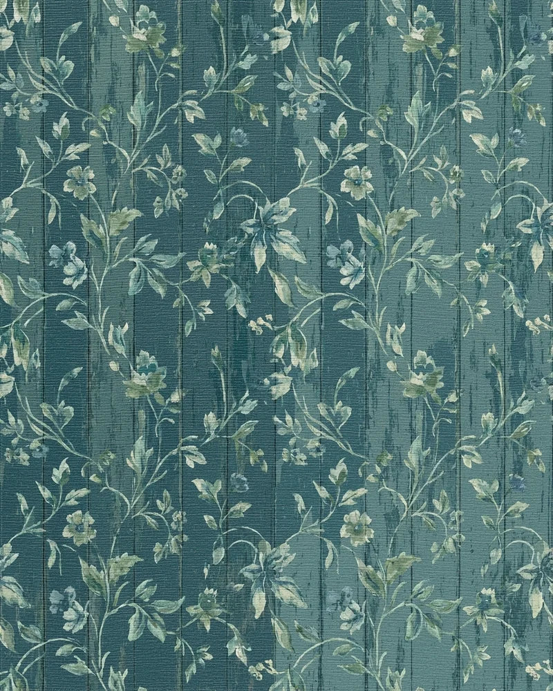 Teal Wood Floral Vine Botanical Rug - Cutout View