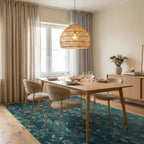 Teal Wood Floral Vine Botanical Rug Dining Room View