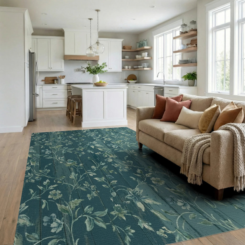 Teal Wood Floral Vine Botanical Rug Living Room View