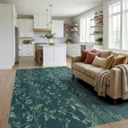Teal Wood Floral Vine Botanical Rug Living Room View
