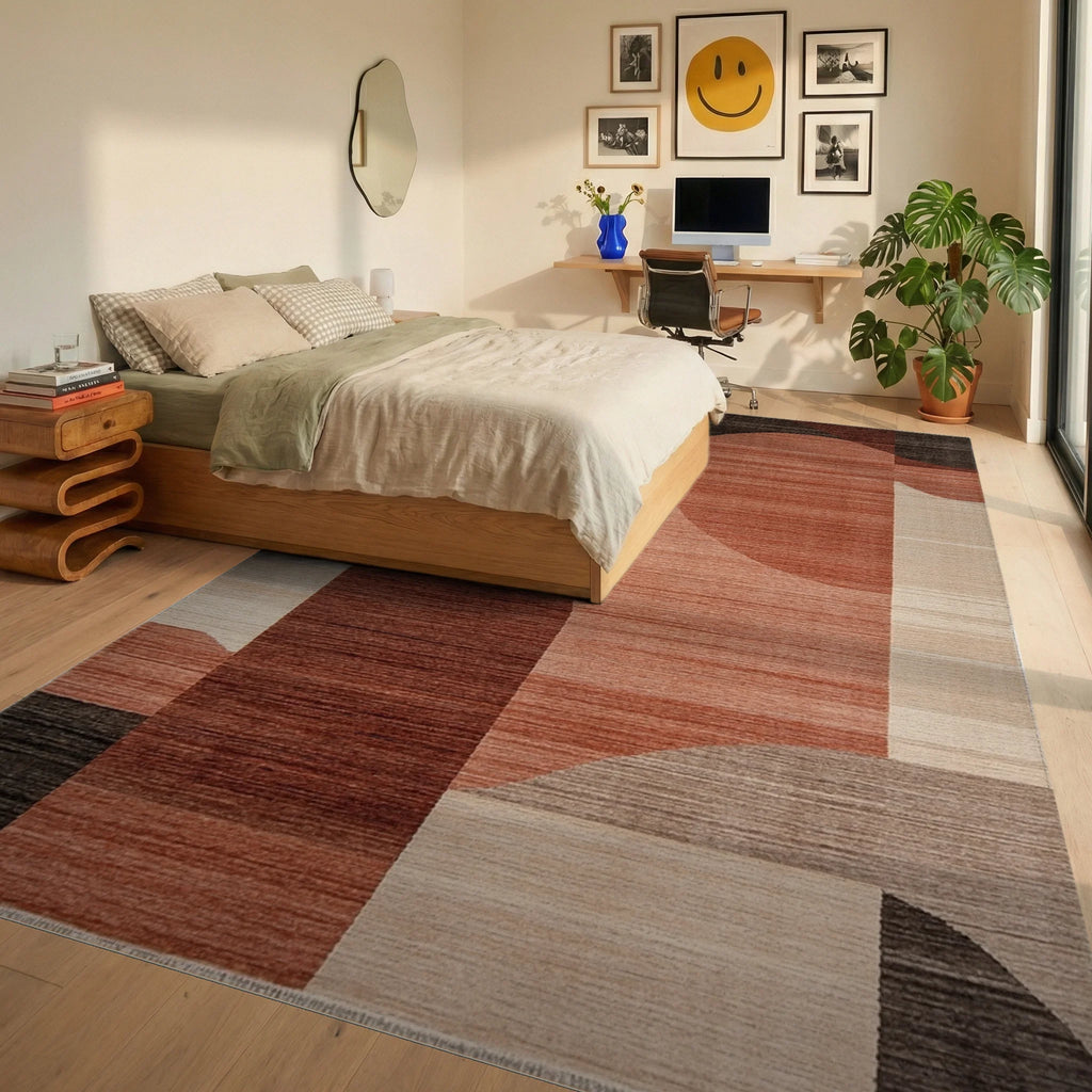 Terracotta Abstract Arch Forms Rug - Bedroom View