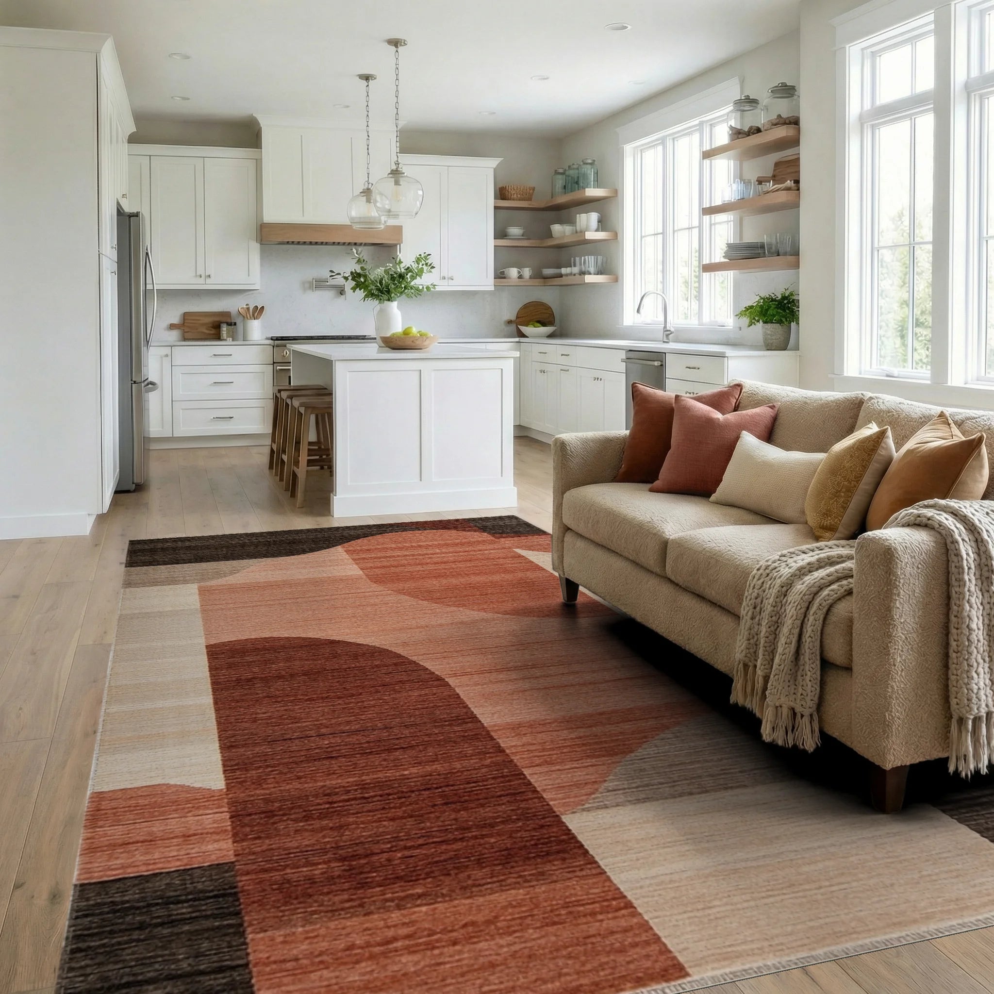 Terracotta Abstract Arch Forms Rug - Living Room View