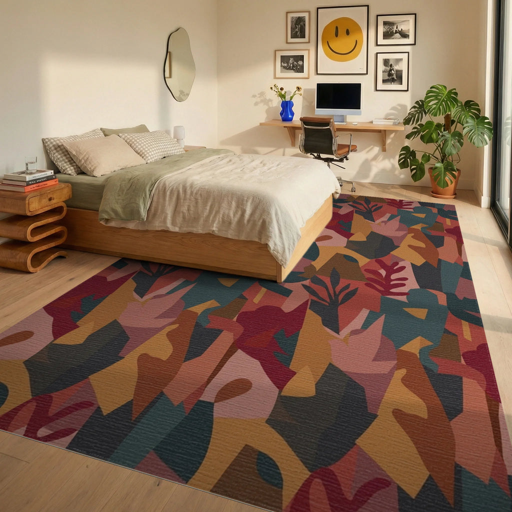Terracotta Abstract Botanical Collage Rug Bedroom View