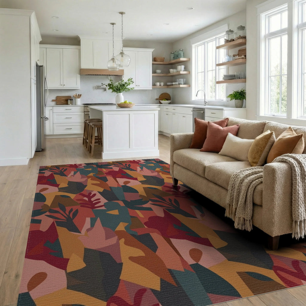 Terracotta Abstract Botanical Collage Rug Living Room View