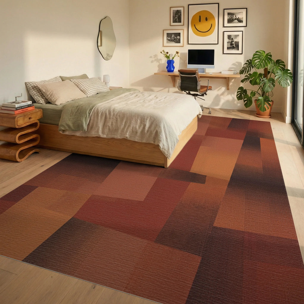 Terracotta Abstract Geometric Block Rug Bedroom View