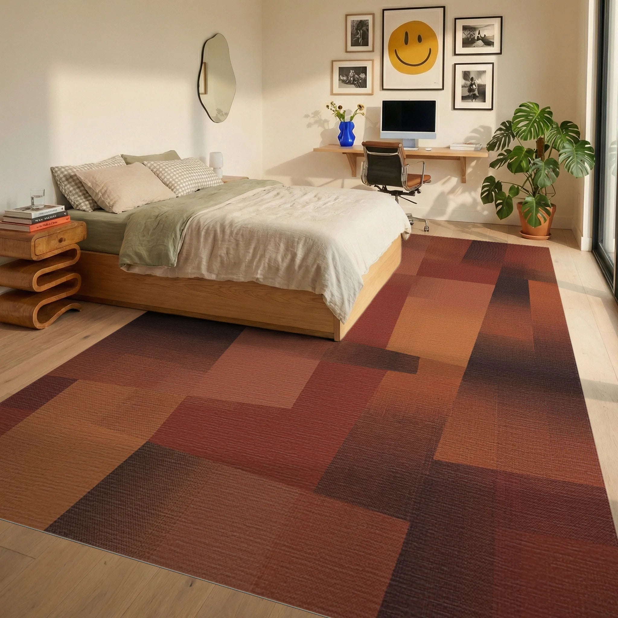 Terracotta Abstract Geometric Block Rug Bedroom View