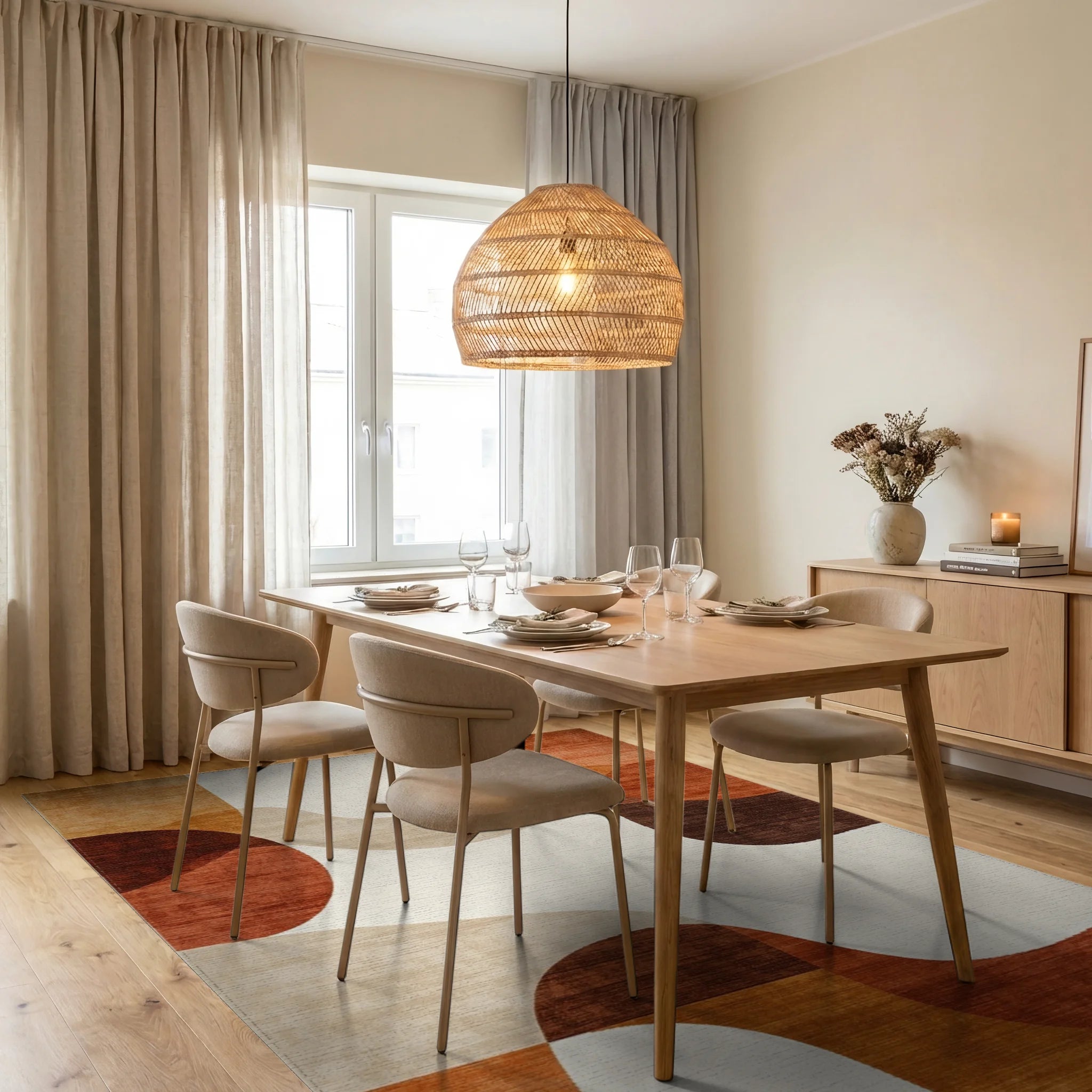Terracotta Abstract Organic Wave Rug - Dining Room View
