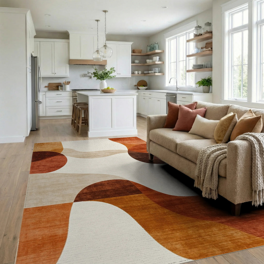 Terracotta Abstract Organic Wave Rug - Living Room View