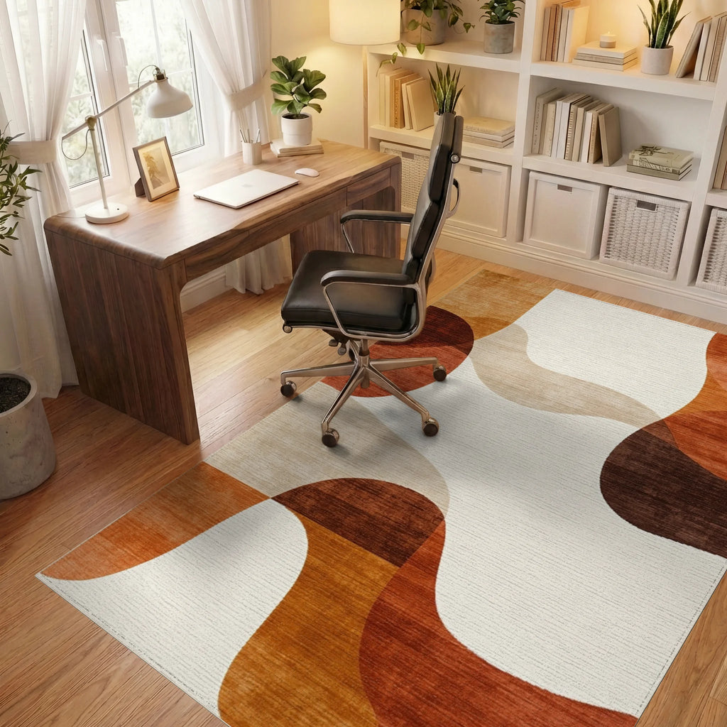 Terracotta Abstract Organic Wave Rug - Office View
