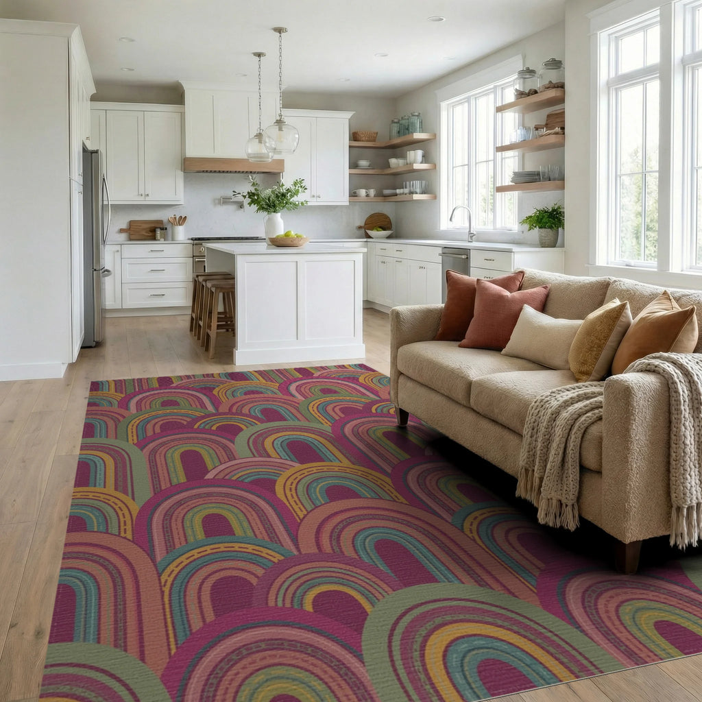 Terracotta And Teal Archways Rug Living Room View